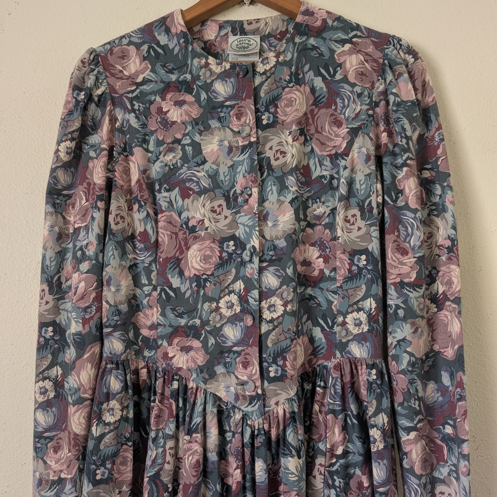 Vintage 80s Laura Ashley Floral Print Long-Sleeve Dress, Cotton/Wool Blend - Picture 2 of 12